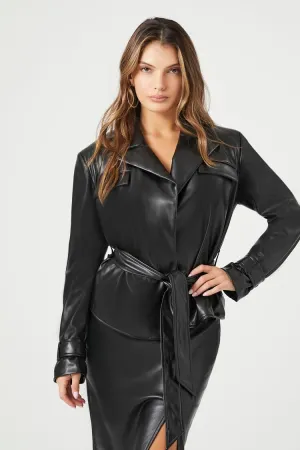 Forever 21 Women's Faux Leather/Pleather Tie-Waist Trench Coat Black Forever 21