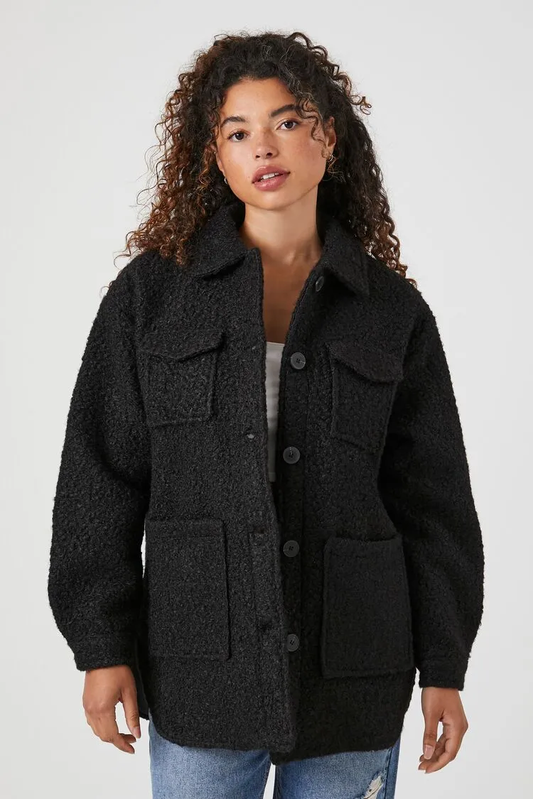 Forever 21 Women's Faux Shearling/Sherpa Button-Up Shacket Black Forever 21