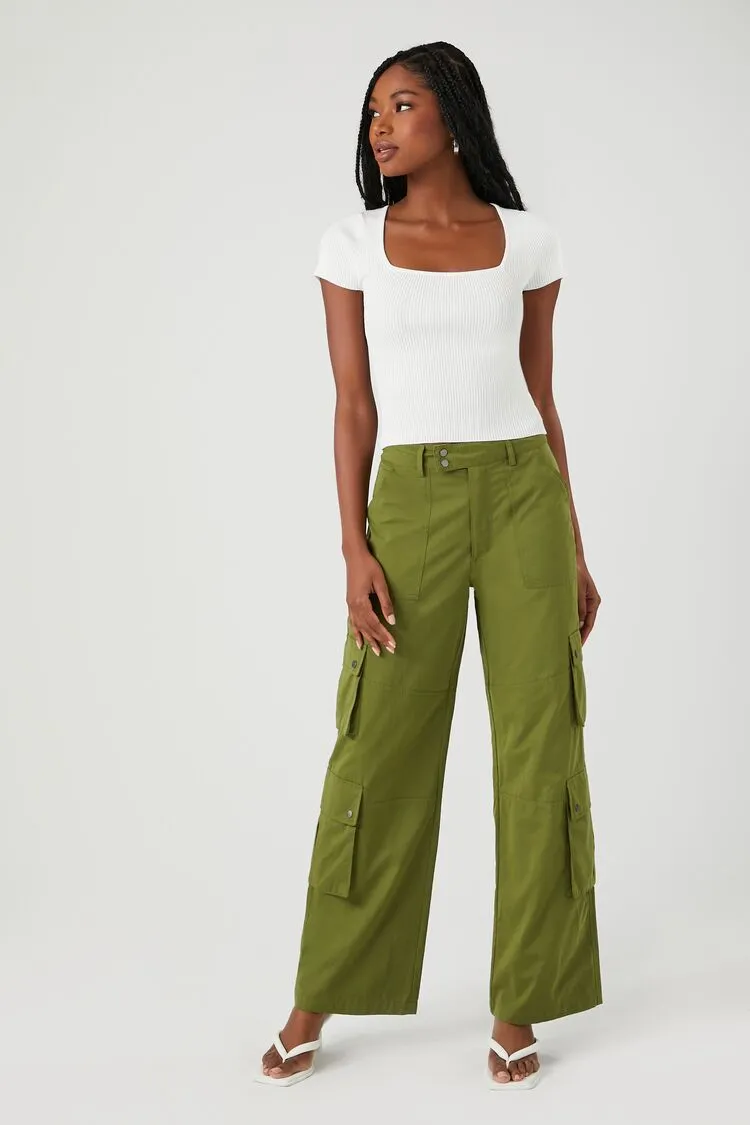Forever 21 Women's Flare-Leg Cargo Pants Olive Forever 21