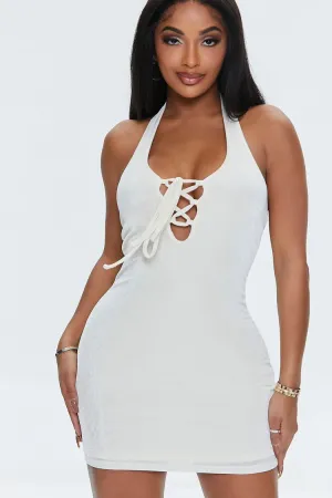 Forever 21 Women's Lace-Up Halter Mini Dress Cream Forever 21