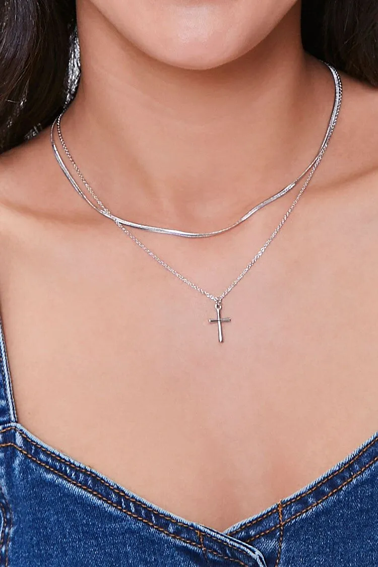 Forever 21 Women's Layered Cross Pendant Necklace Silver Forever 21