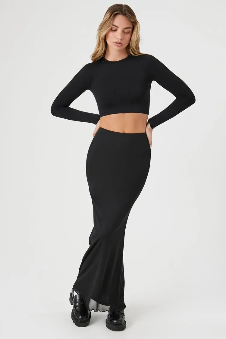 Forever 21 Women's Mesh Lettuce-Edge Maxi Skirt Black Forever 21