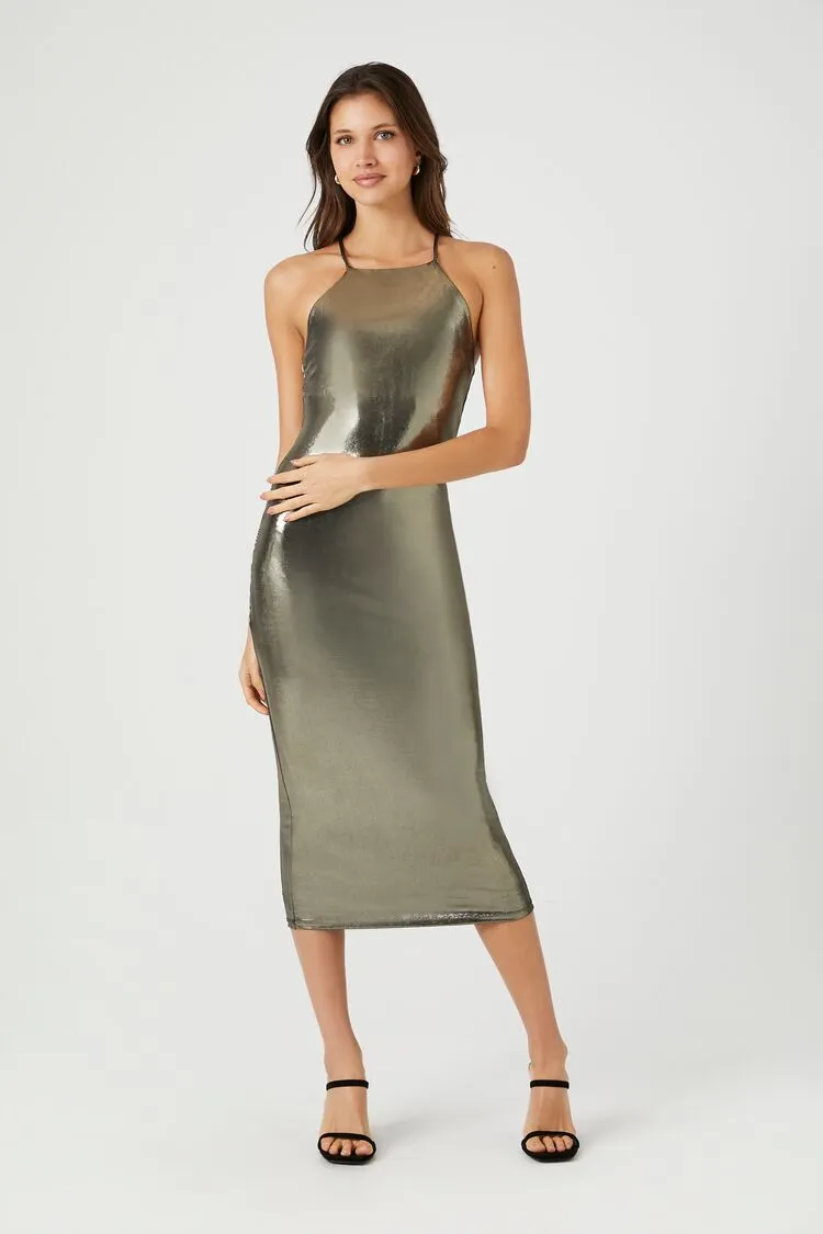 Forever 21 Women's Metallic Halter Midi Slip Dress Gold Forever 21