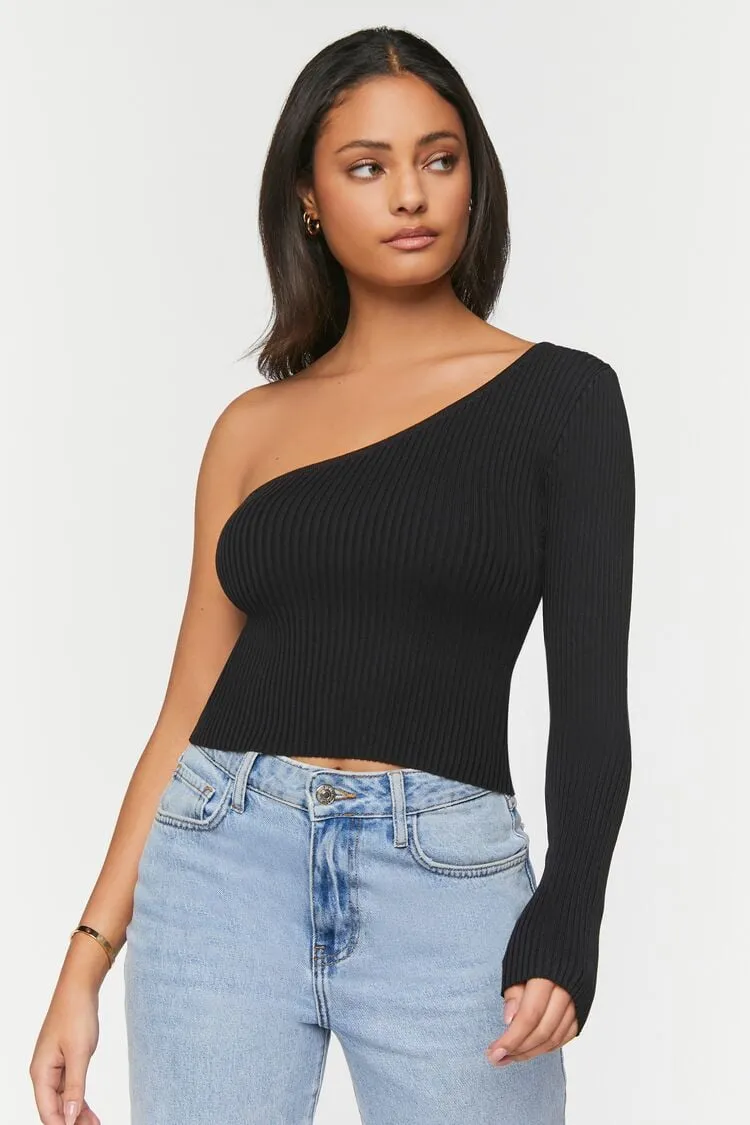 Forever 21 Women's One-Shoulder Sweater-Knit Top Black Forever 21