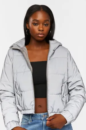 Forever 21 Women's Reflective Hooded Puffer Bubble Coat Jacket Silver Forever 21