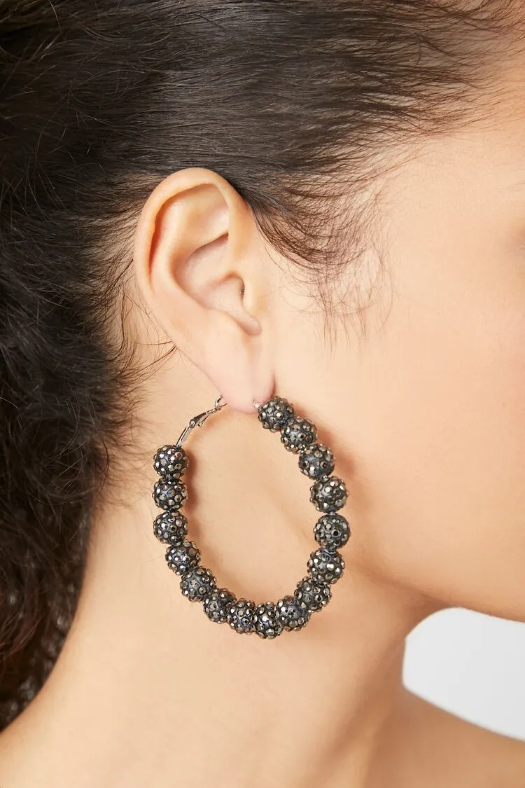 Forever 21 Women's Rhinestone Ball Bead Hoop Earrings Black Forever 21