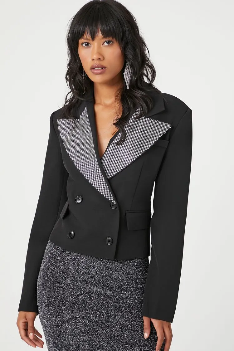 Forever 21 Women's Rhinestone Double-Breasted Blazer Black/Silver Forever 21