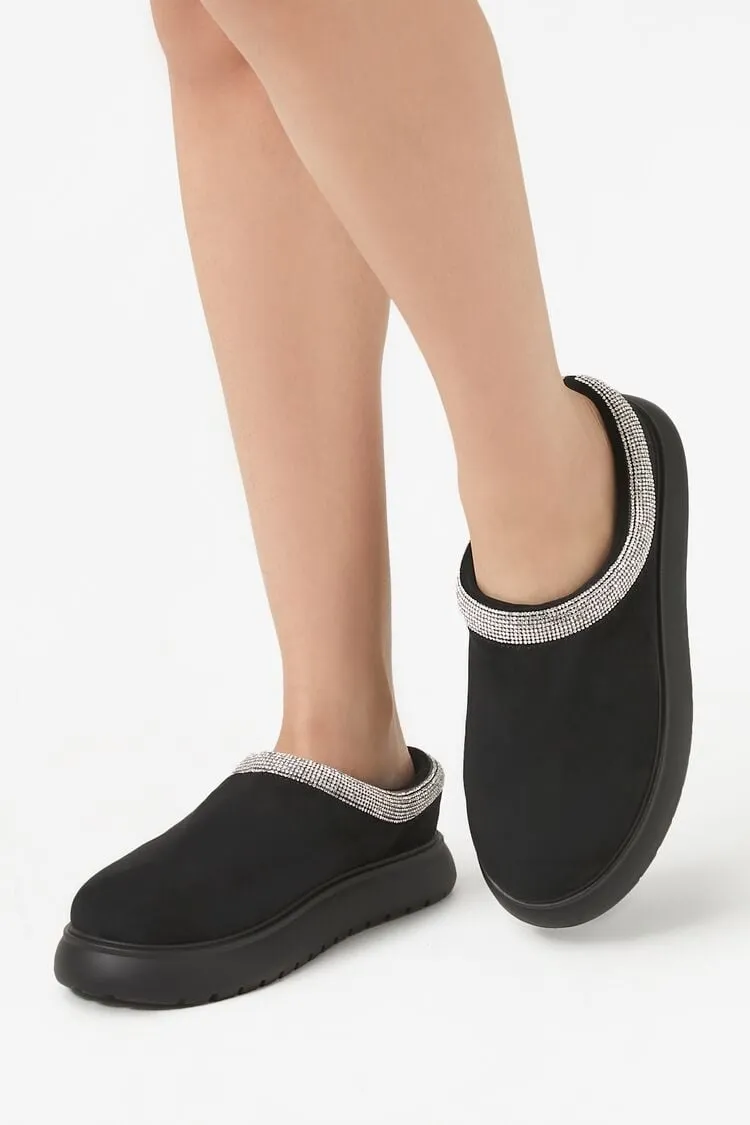 Forever 21 Women's Rhinestone-Trim Faux Suede Slippers Black Forever 21