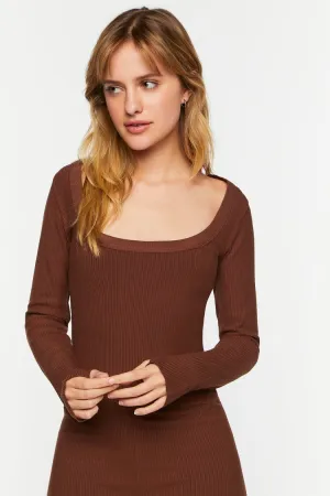 Forever 21 Women's Ribbed Thumbhole Bodysuit Chocolate Forever 21