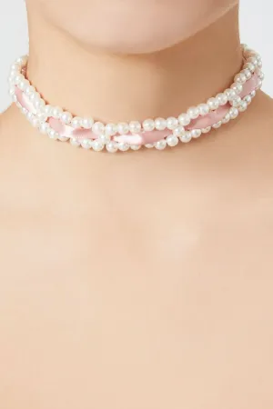 Forever 21 Women's Ribbon & Faux Pearl Choker Necklace White/Pink Forever 21