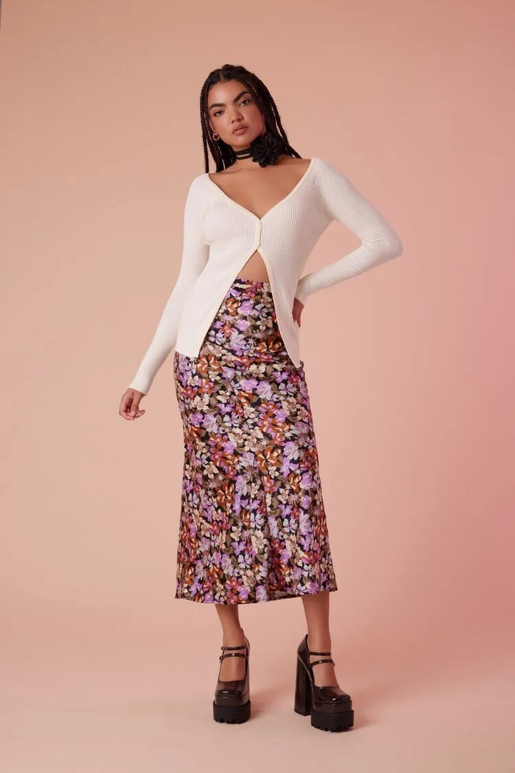 Forever 21 Women's Satin Floral Print Slip Skirt Black/Multi Forever 21
