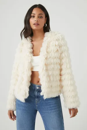 Forever 21 Women's Shaggy Tiered Fringe Jacket Cream Forever 21