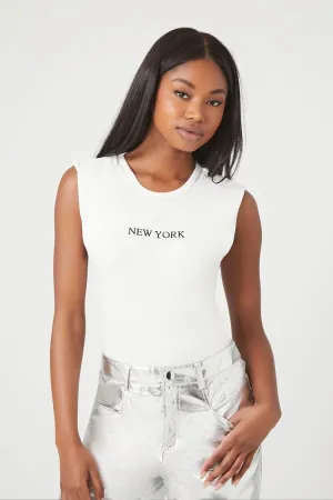Forever 21 Women's Sleeveless New York Graphic Bodysuit Cream/Multi Forever 21