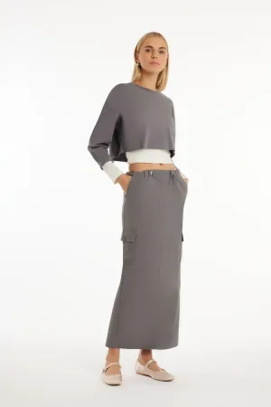 Forever 21 Women's Twill Toggle Drawstring Midi Skirt Charcoal Forever 21