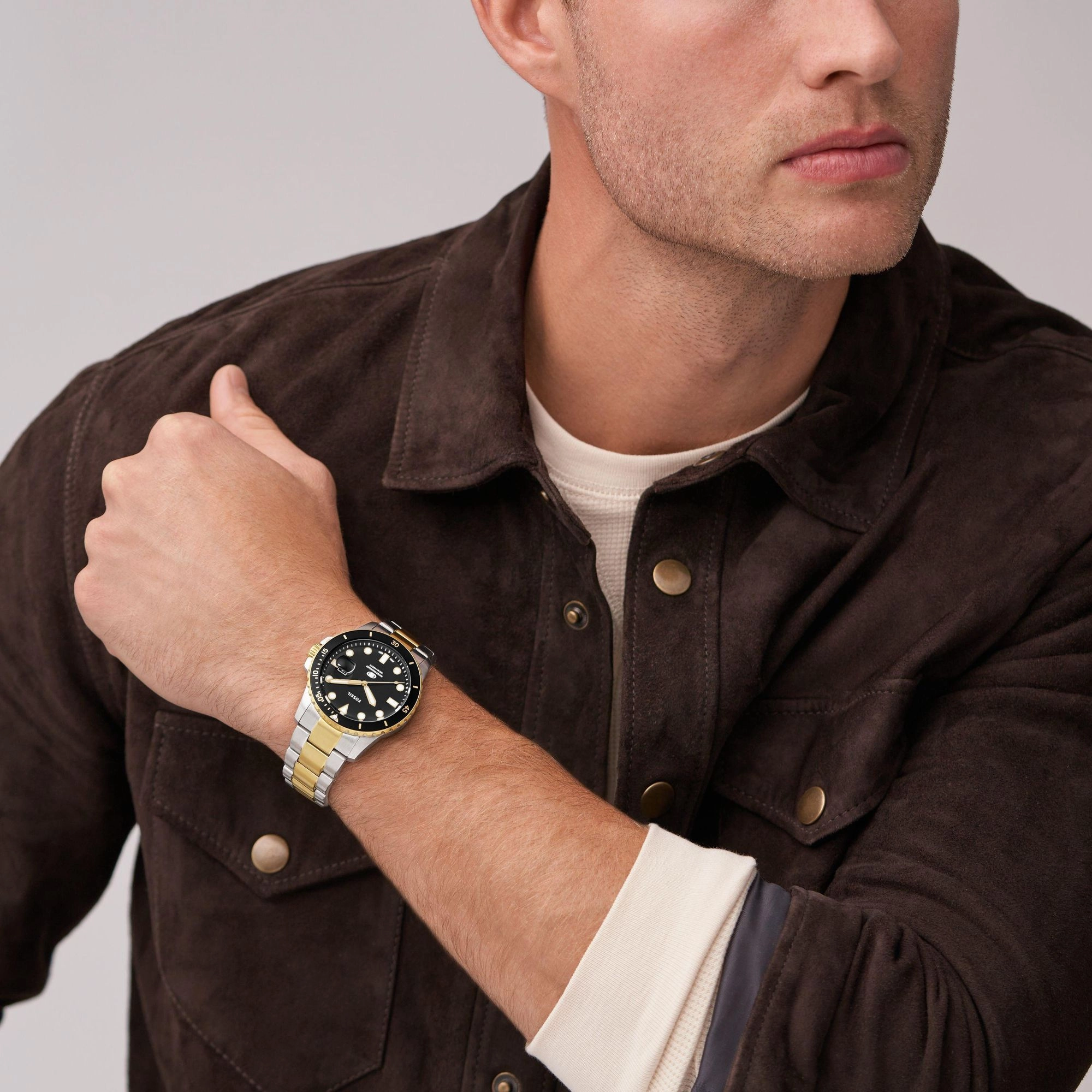Fossil Blue Gents Black Dial Two-Tone Silver Gold Watch