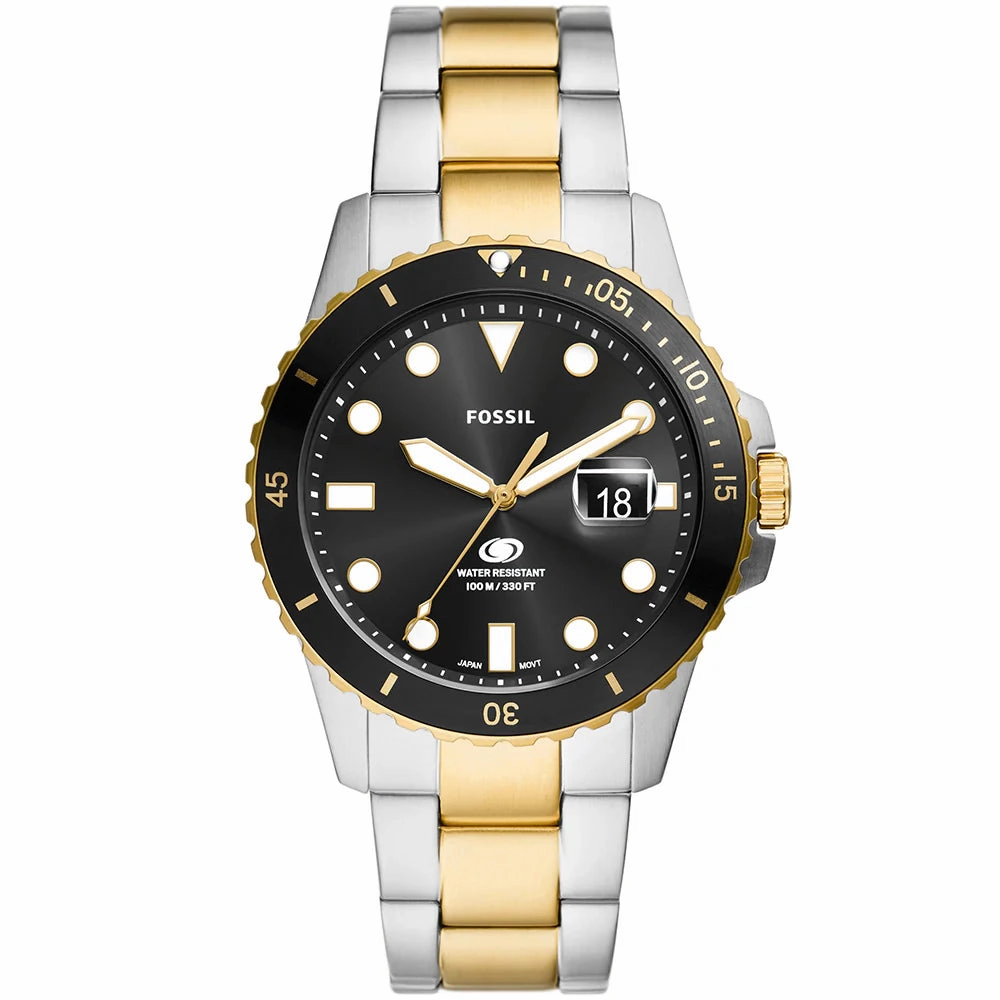 Fossil Blue Gents Black Dial Two-Tone Silver Gold Watch