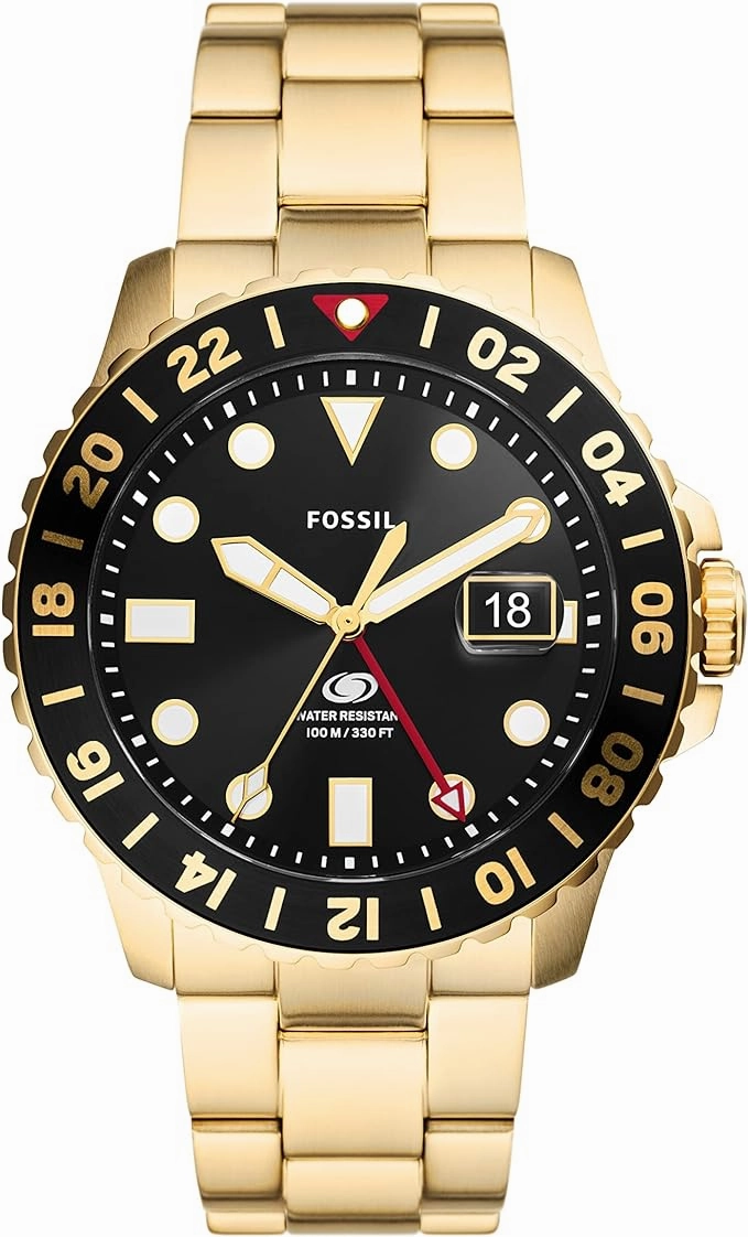 Fossil Blue GMT Gents Black Dial Gold-Tone Stainless Steel Watch