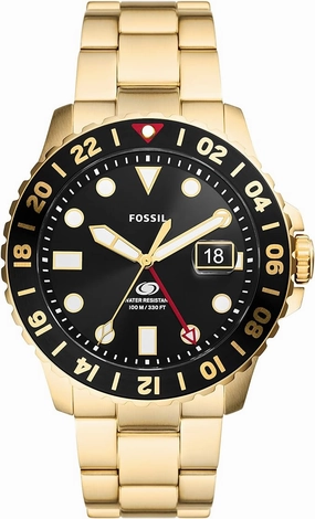 Fossil Blue GMT Gents Black Dial Gold-Tone Stainless Steel Watch