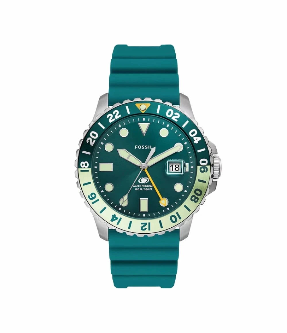 Fossil Blue GMT Oasis Gents Green Dial Blue Silicone Strap Watch