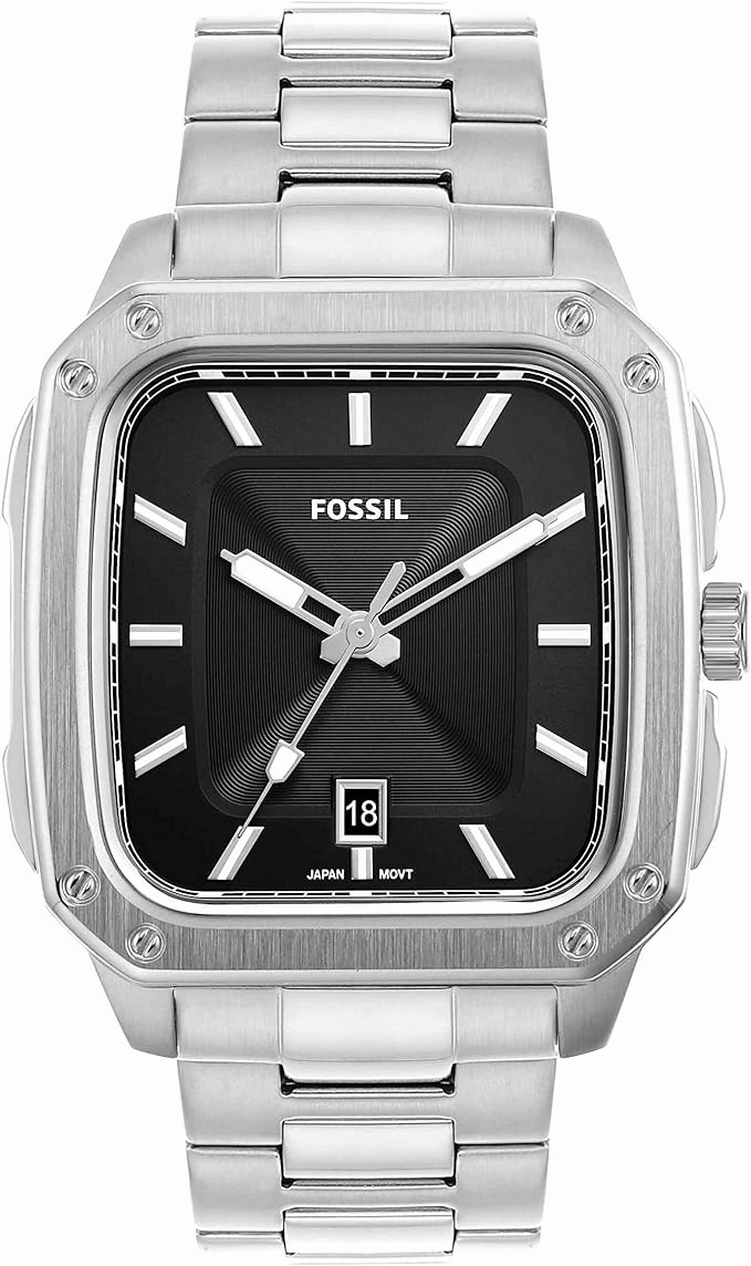 Fossil Inscription Gents Black Dial Square Case Stainless Steel Watch