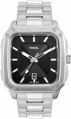 Fossil Inscription Gents Black Dial Square Case Stainless Steel Watch