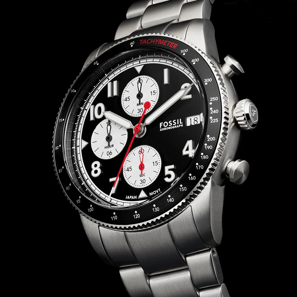 Fossil Sport Tourer Gents Black Dial Stainless Steel Chronograph Watch