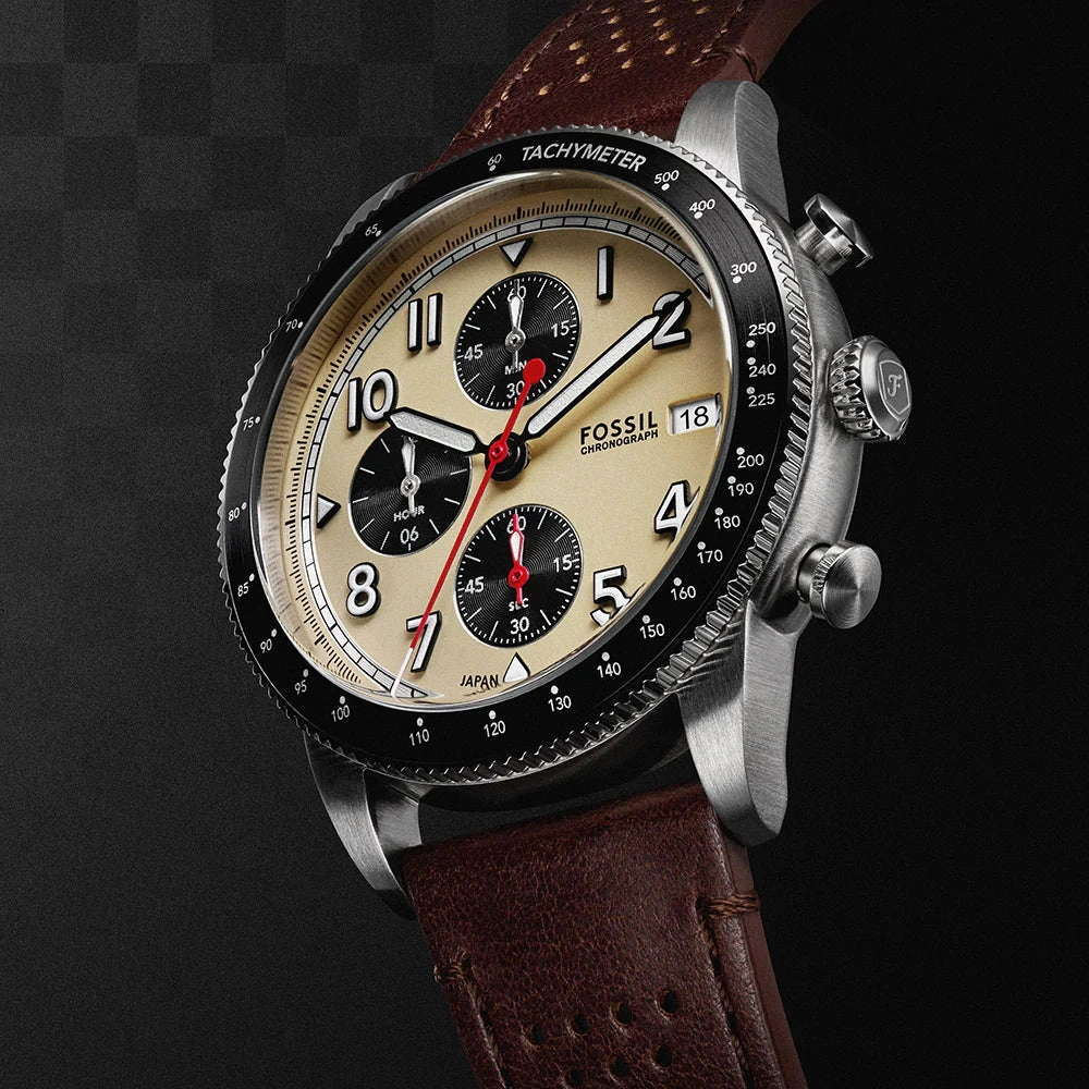 Fossil Sport Tourer Gents Cream Dial Brown Leather Strap Chronograph Watch