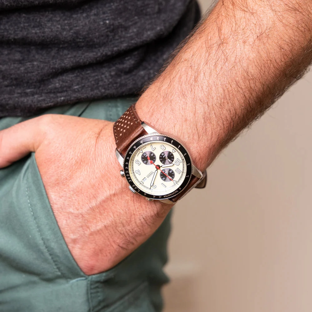 Fossil Sport Tourer Gents Cream Dial Brown Leather Strap Chronograph Watch