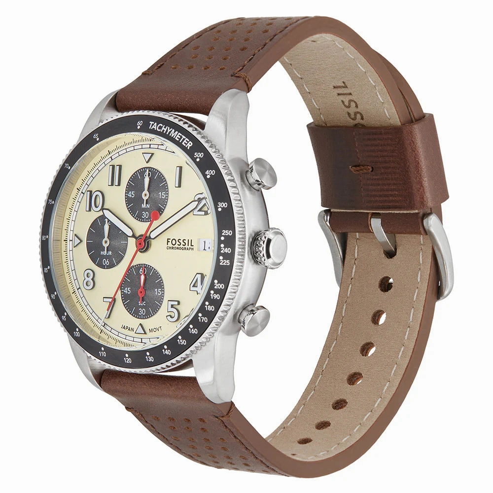 Fossil Sport Tourer Gents Cream Dial Brown Leather Strap Chronograph Watch