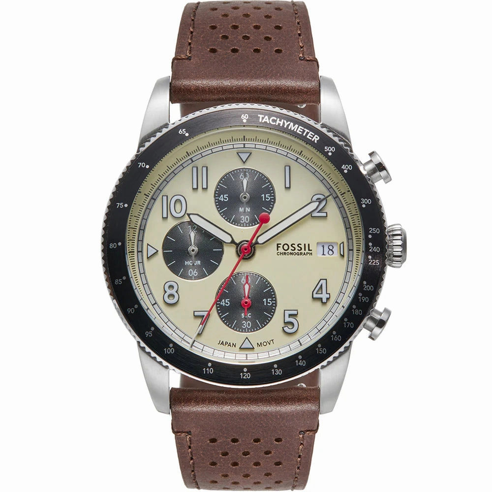 Fossil Sport Tourer Gents Cream Dial Brown Leather Strap Chronograph Watch