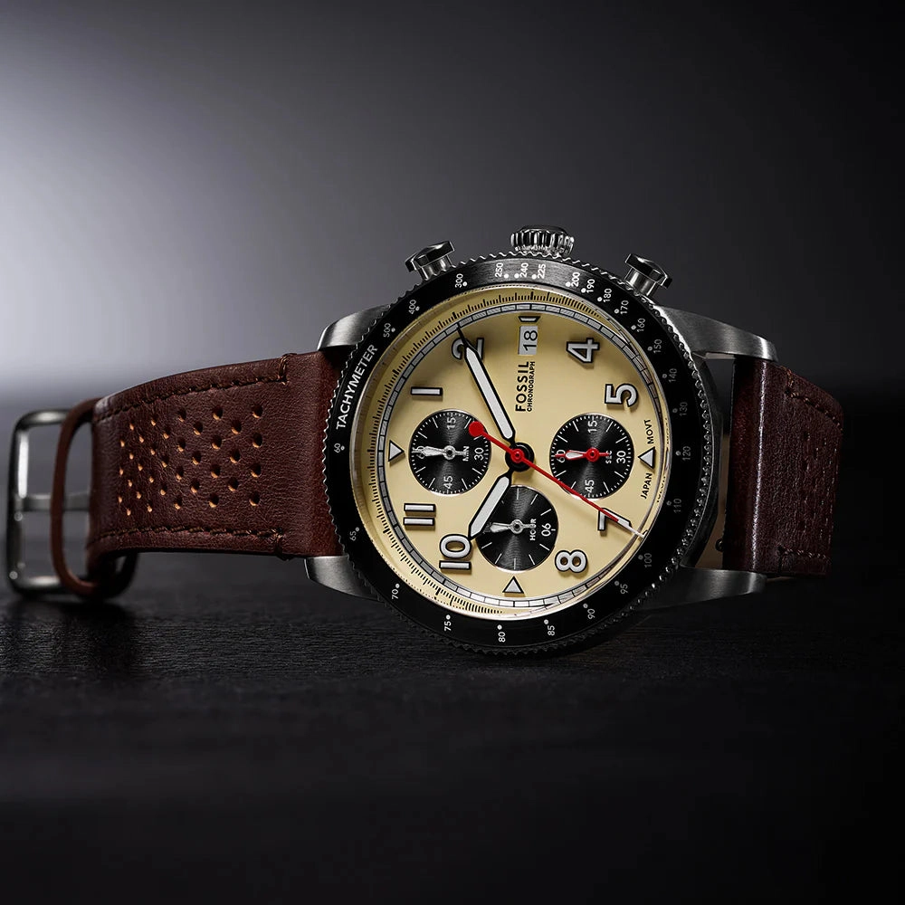 Fossil Sport Tourer Gents Cream Dial Brown Leather Strap Chronograph Watch