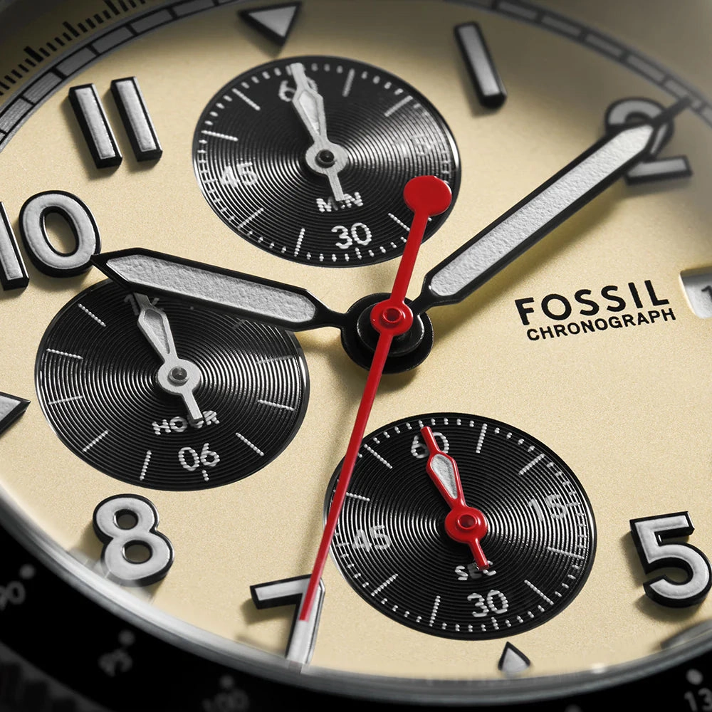 Fossil Sport Tourer Gents Cream Dial Brown Leather Strap Chronograph Watch