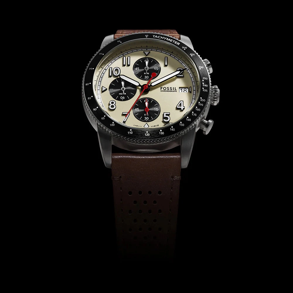 Fossil Sport Tourer Gents Cream Dial Brown Leather Strap Chronograph Watch
