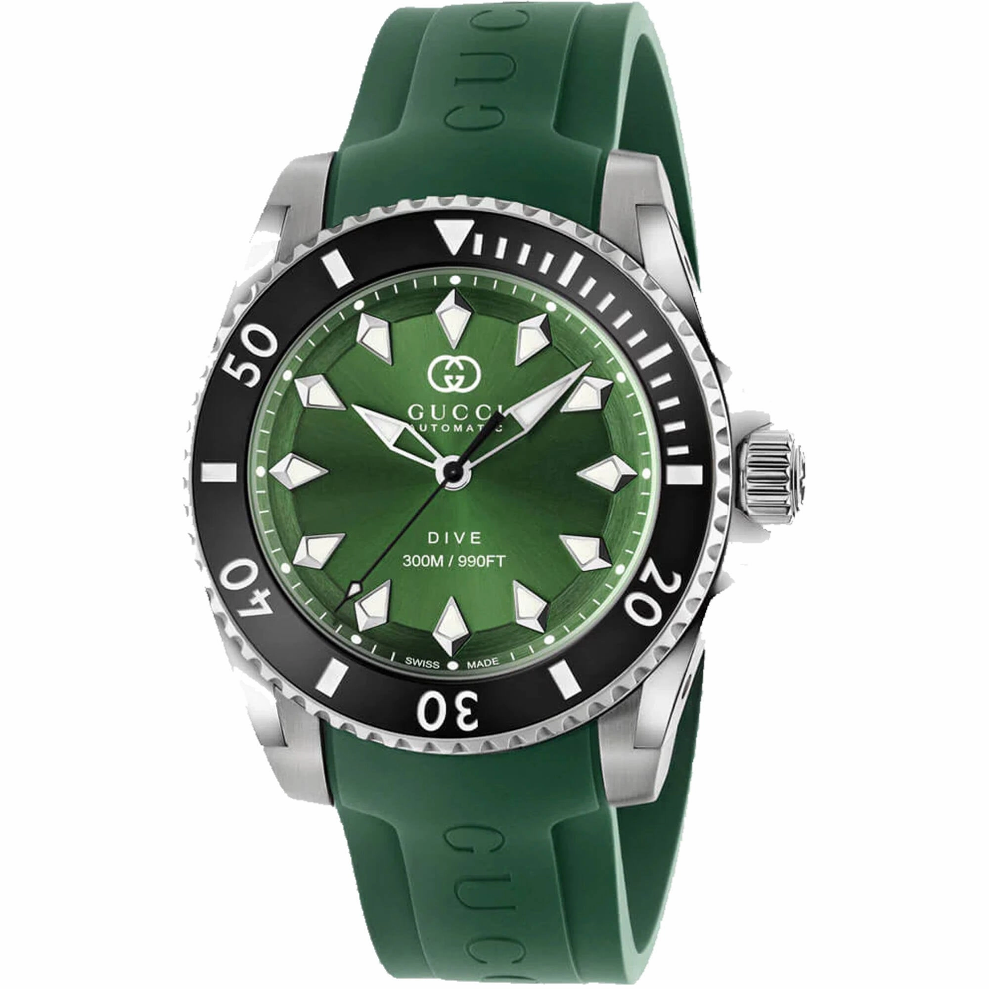 Gucci Men's Watch - Dive Automatic Silver Case Green Dial Rubber Strap | YA136360