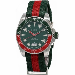 Gucci Men's Watch - Dive Quartz Silver Tone Case Green and Red Nylon Strap | YA136339