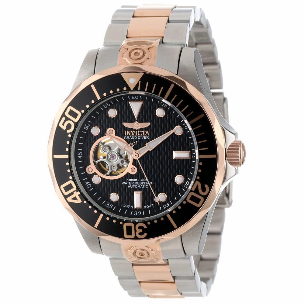 Invicta 13708 Men's Grand Diver Black Dial Two Tone Rose Gold Plated Steel Bracelet Automatic Dive Watch