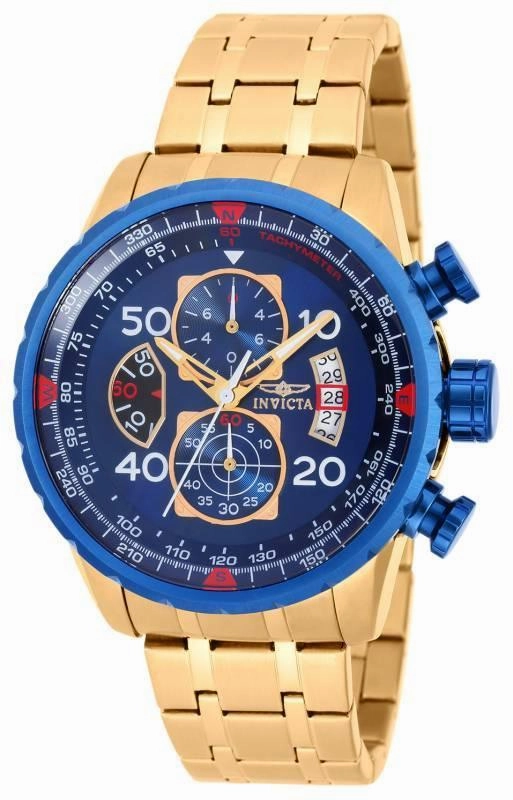 Invicta 19173 Men's Yellow Steel Bracelet Quartz Aviator Chrono Blue Dial Compass Watch