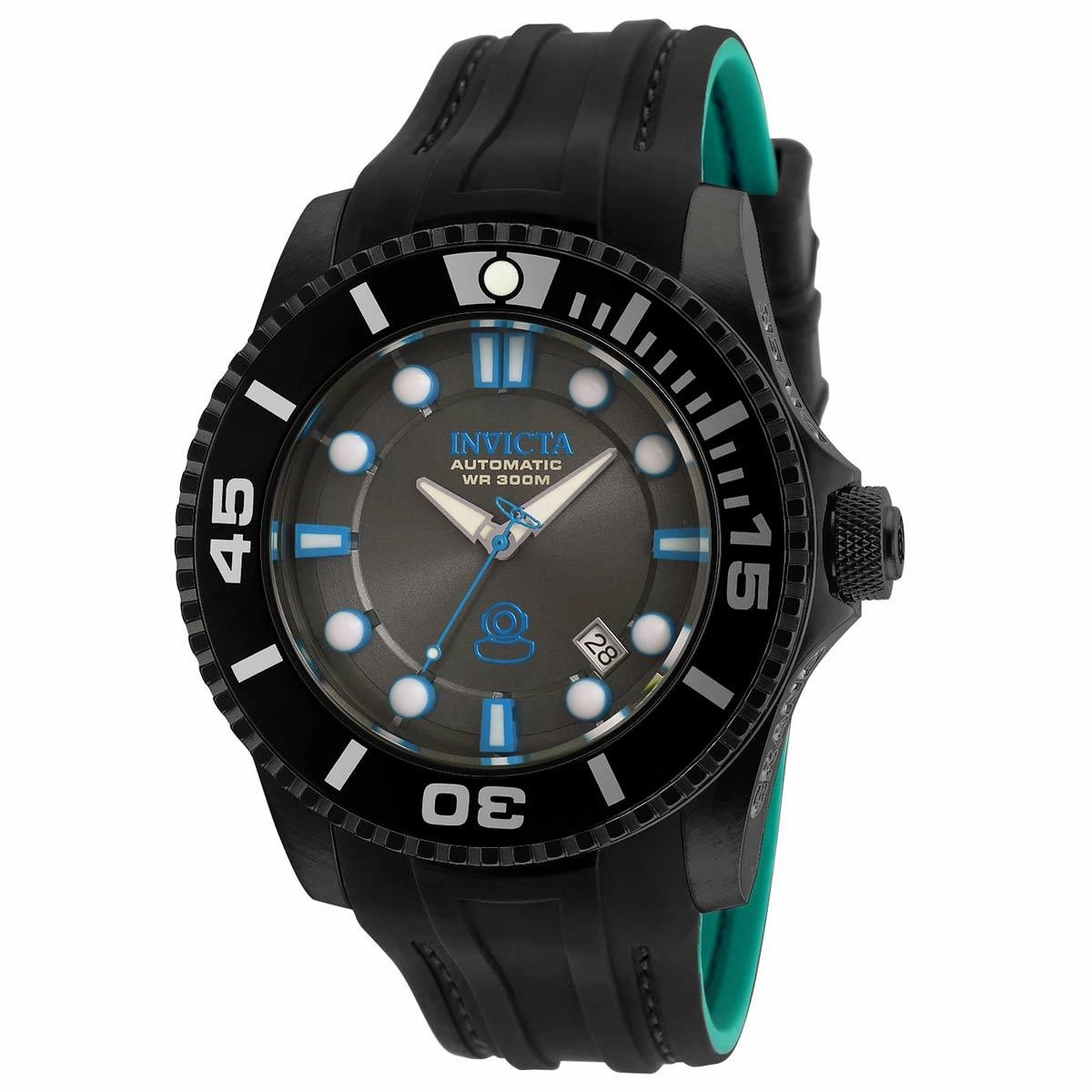 Invicta 20207 Men's Grand Diver Charcoal Dial Black & Teal Silicone Strap Automatic Dive Watch