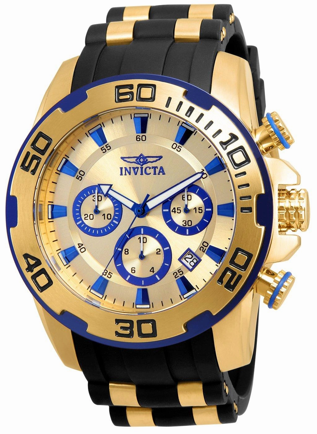 Invicta 22308 Men's Pro Diver Chronograph Gold Dial Yellow Gold Steel & Silicone Strap Watch