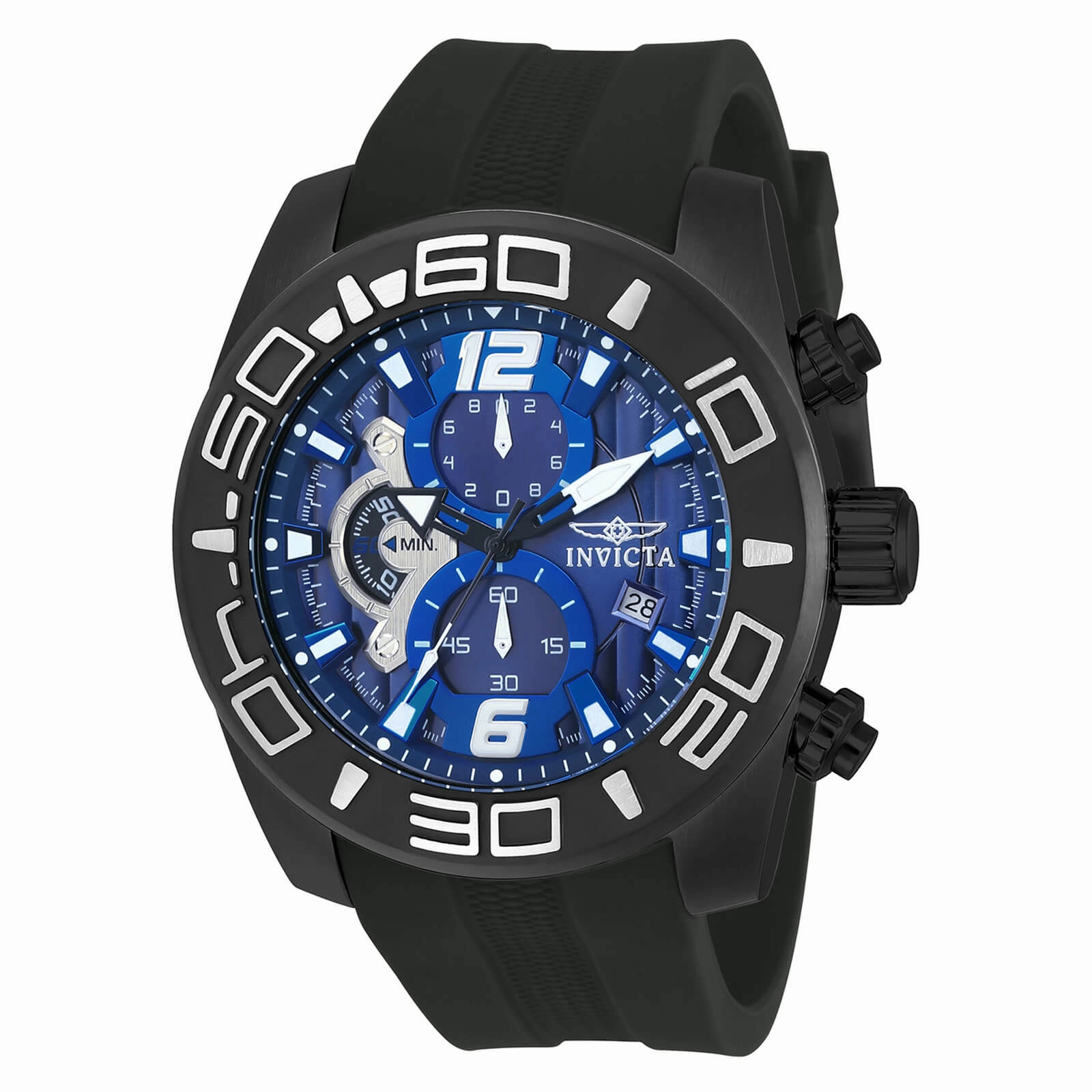 Invicta 22813 Men's Pro Diver Blue Dial Black IP Steel Black Silicone Strap Chronograph Watch