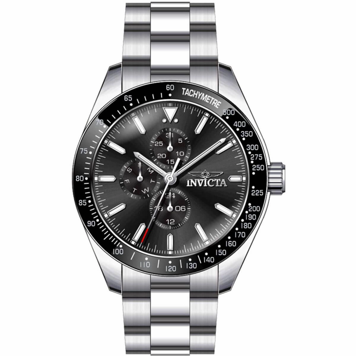 Invicta Men's Chronograph Watch - Aviator Black Bezel Silver Tone Bracelet | 38966