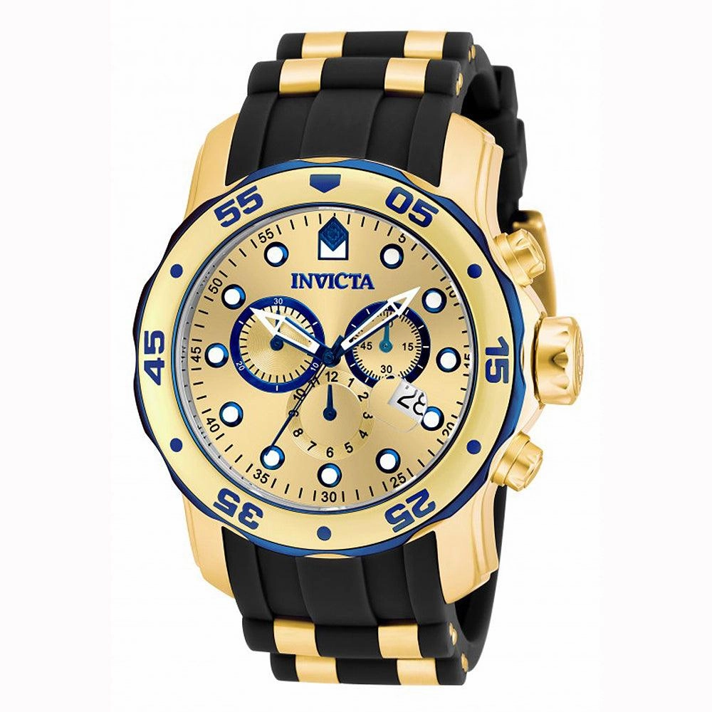 Invicta Men's Chronograph Watch - Pro Diver Gold Dial Yellow Gold Steel & Rubber Band