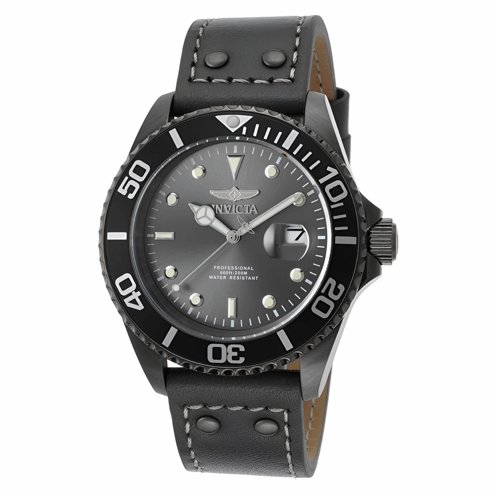 Invicta Men's Grey Leather Strap Watch - Pro Diver Quartz Grey Dial Dive | 22077