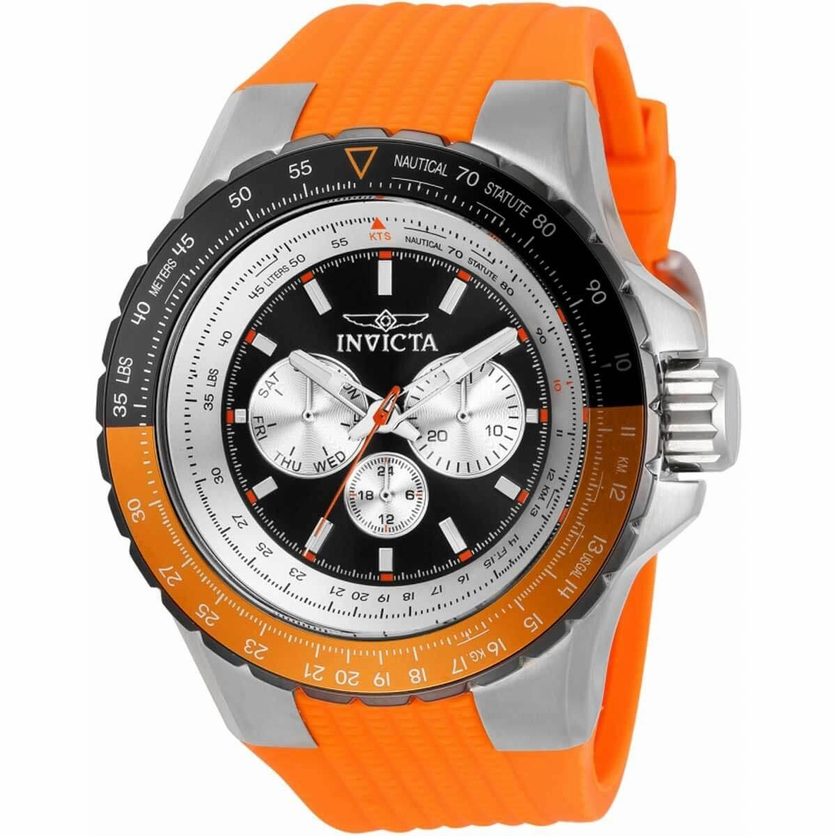 Invicta Men's Quartz Watch - Aviator Black and Silver Dial Orange Rubber Strap | 33035