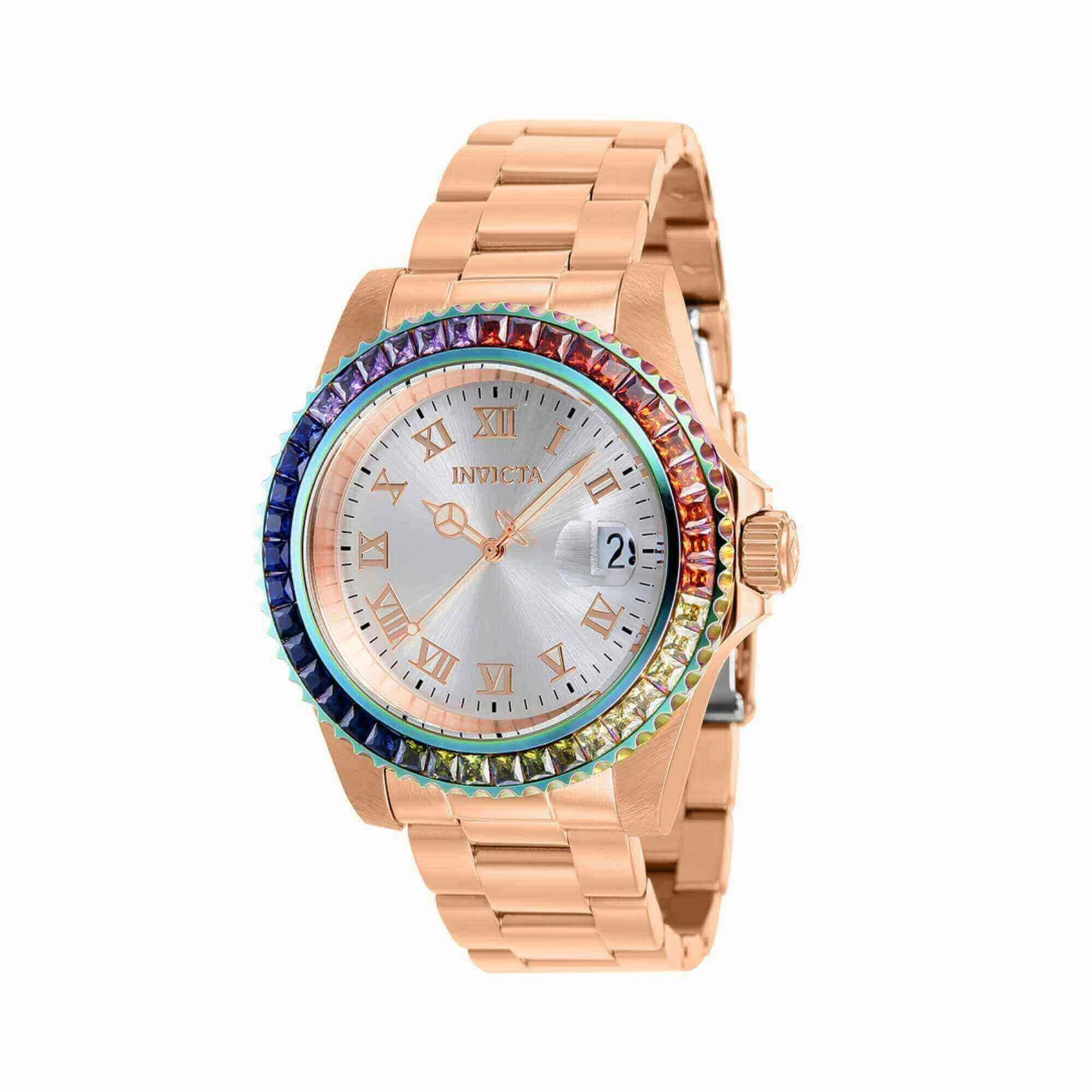 Invicta Women's CZ Watch - Angel Swiss Quartz Silver Dial Rose Gold Steel | 40230
