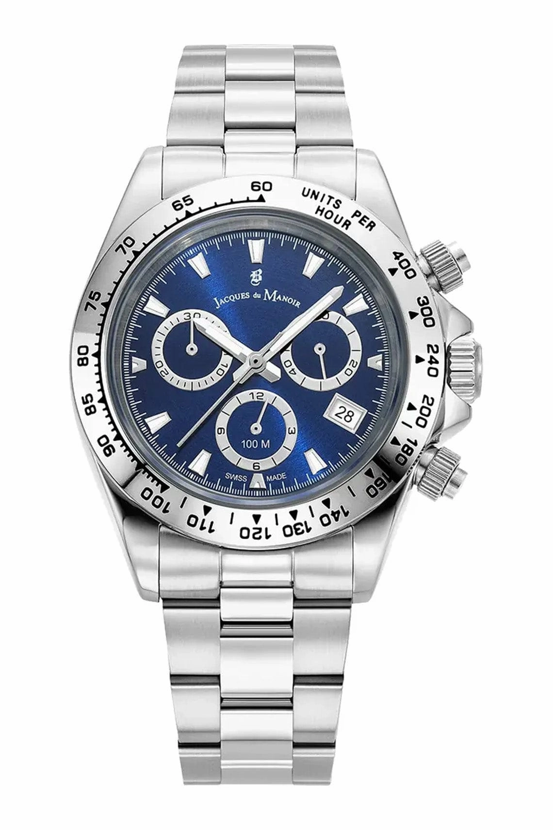 Jacques Du Manoir Swiss Phoenix Chrono 40mm 100m Water Resistant Blue Dial Stainless Steel Strap Watch