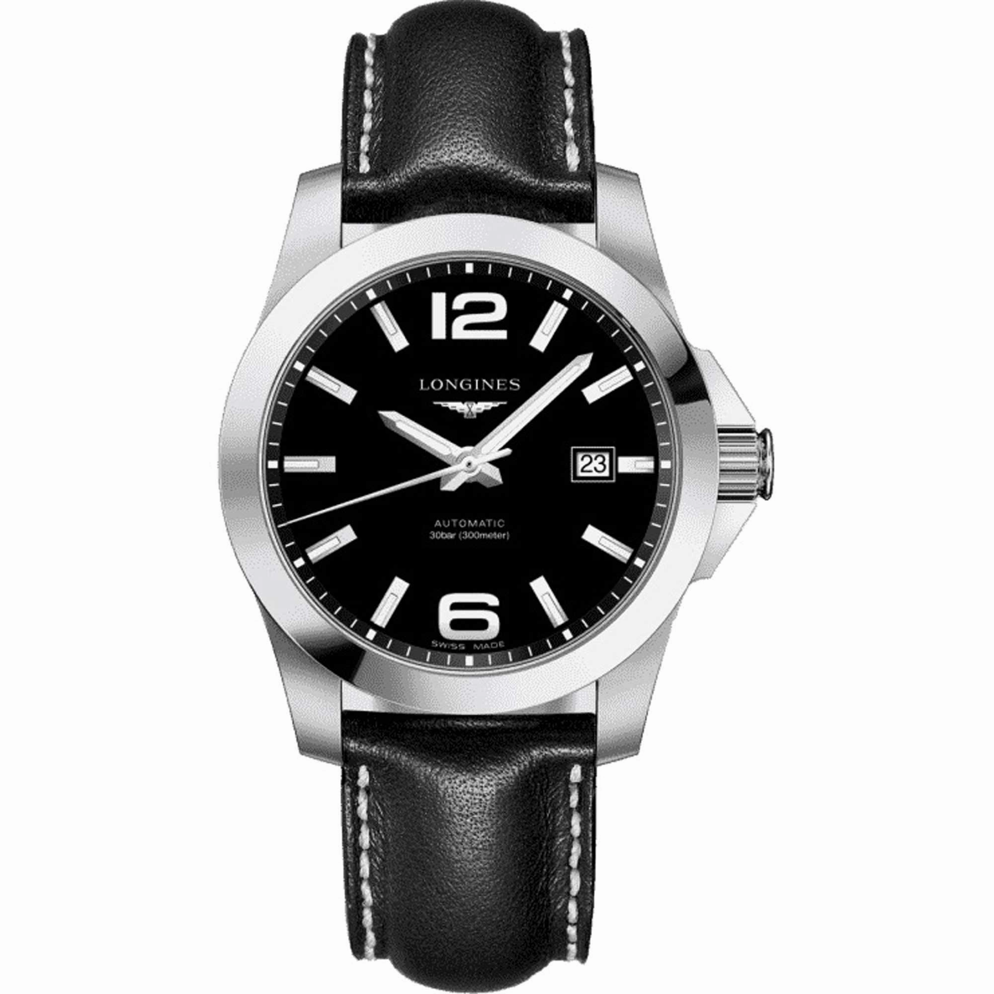 Longines Men's Watch - Conquest Automatic Date Display Black Leather Strap | L37774580