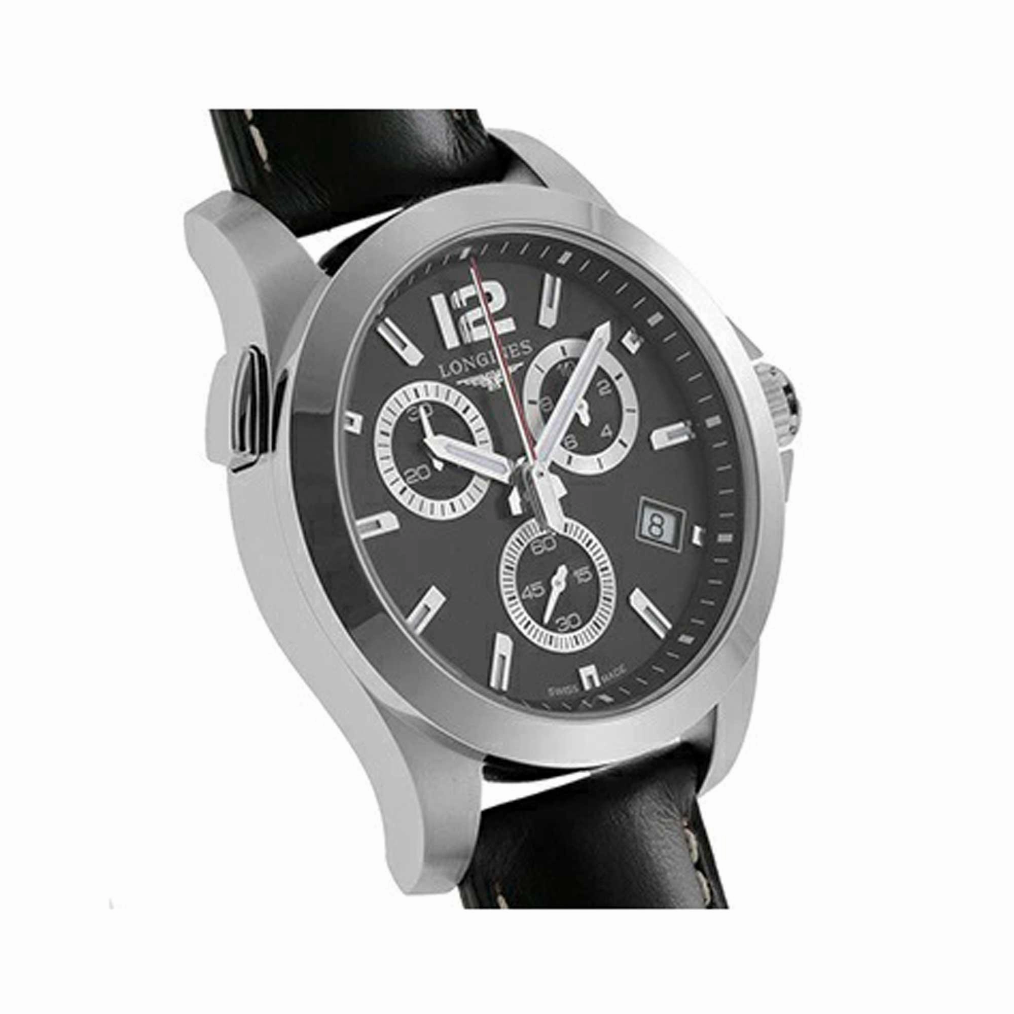 Longines Men's Watch - Conquest Chronograph Black and Silver Dial Strap | L37024563