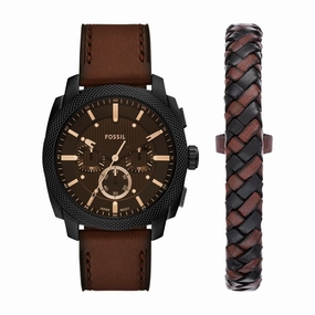 Machine Chronograph Brown Leather Watch and Bracelet Set