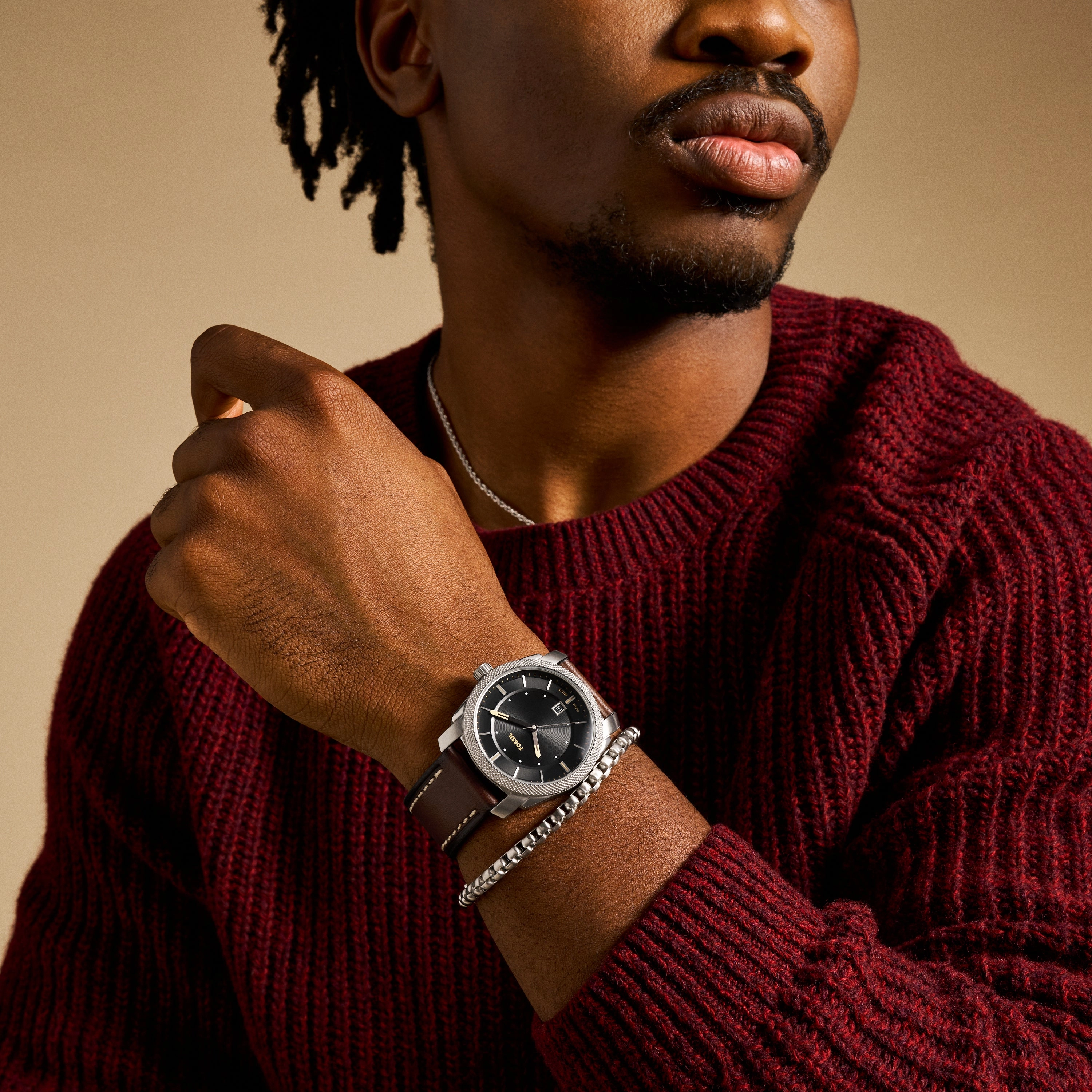 Machine Three-Hand Date Brown Leather Watch and Bracelet Set